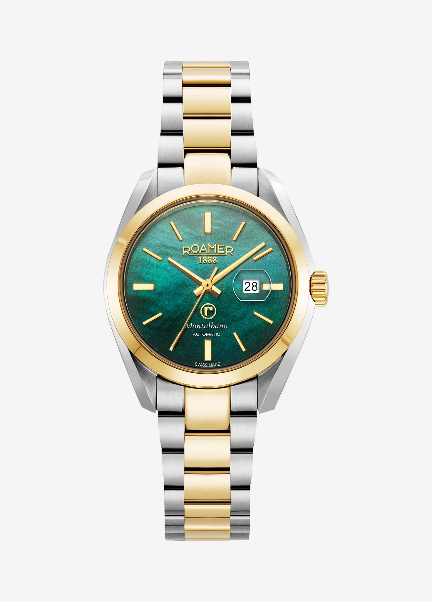 Montalbano Ladies 31mm Automatic Three-Hand Date Green MOP Dial Two-Tone Bracelet Sapphire glass Stainless Steel swiss watch