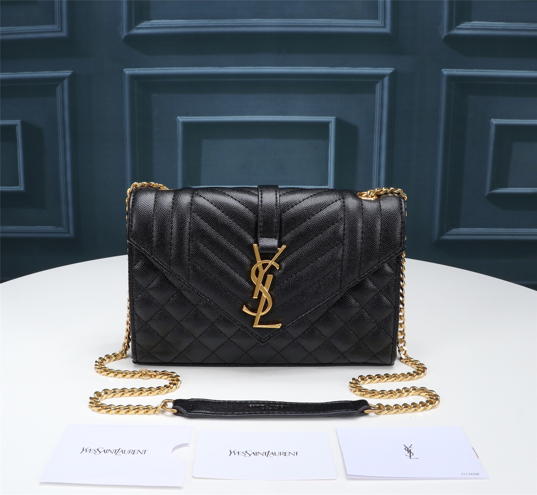Saint Laurent Envelope Small Bag In Mix Matelasse Grain De Poudre Embossed Black Gold 21Cm