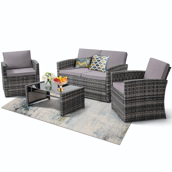 4 Pieces Patio Conversation Set,Outside Rattan Sectional Sofa,Cushioned Furniture Set,Wicker Sofa for Garden Rattan and Cushion