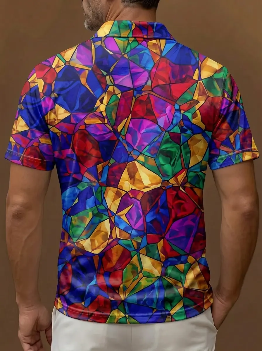 Multicolor Stained Glass Geometric Print Short Sleeve Golf Polo Shirt