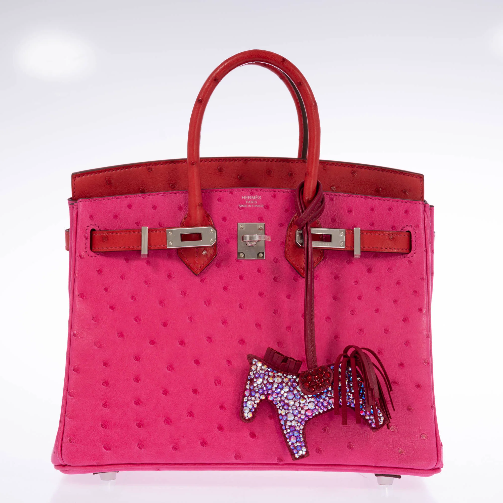 Hermès Birkin 25 Verso Rose Tyrien/Rouge Vif Ostrich Palladium Hardware
