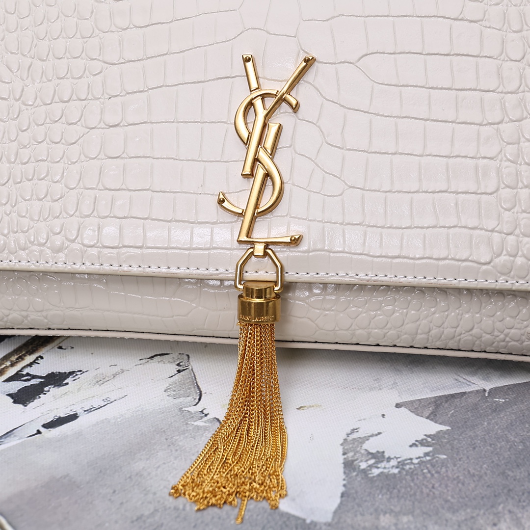 Saint Laurent Kate Medium Chain Bag With Tassel In Shiny White