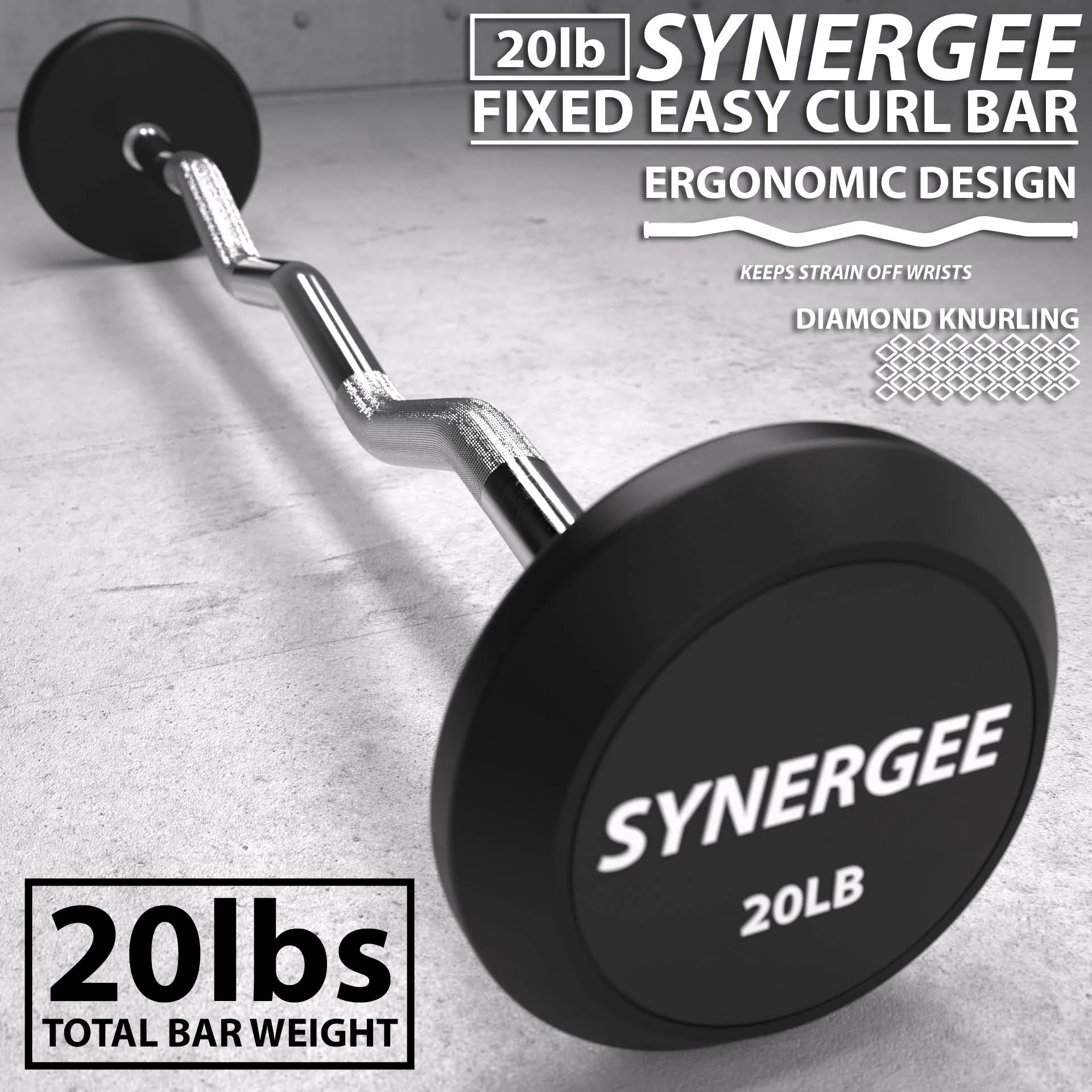 Synergee 20lb Fixed Easy Curl Bar Straight Steel Bar Rubber Weight.