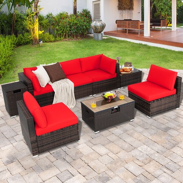 Costway 8PCS Patio Rattan Furniture Set Fire Pit Table Tank Holder