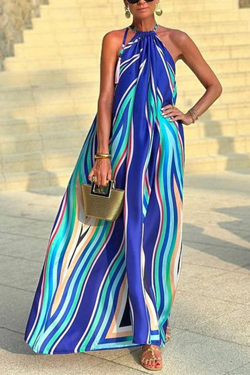Halter Neck Maxi Dress | Striped Print Swing DressClistos