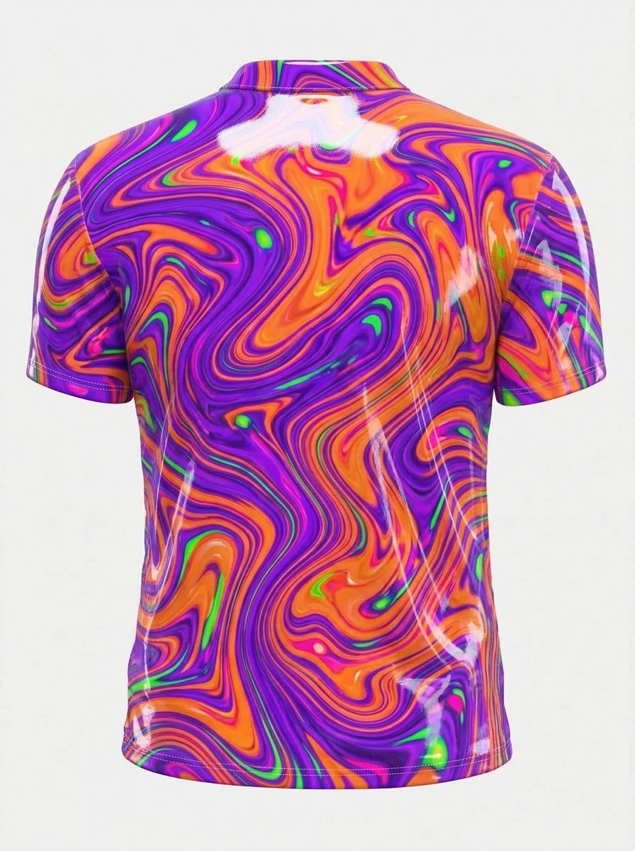 Moisture Wicking Golf Polo 3D Purple Orange Swirl Liquid Button Short Sleeve Golf Polo Shirt