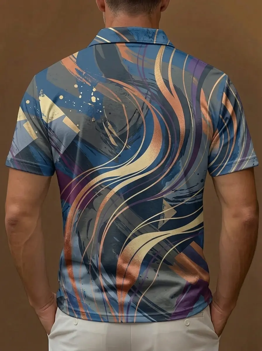 Blue Gold Purple Abstract Brushstroke Print Short Sleeve Golf Polo Shirt