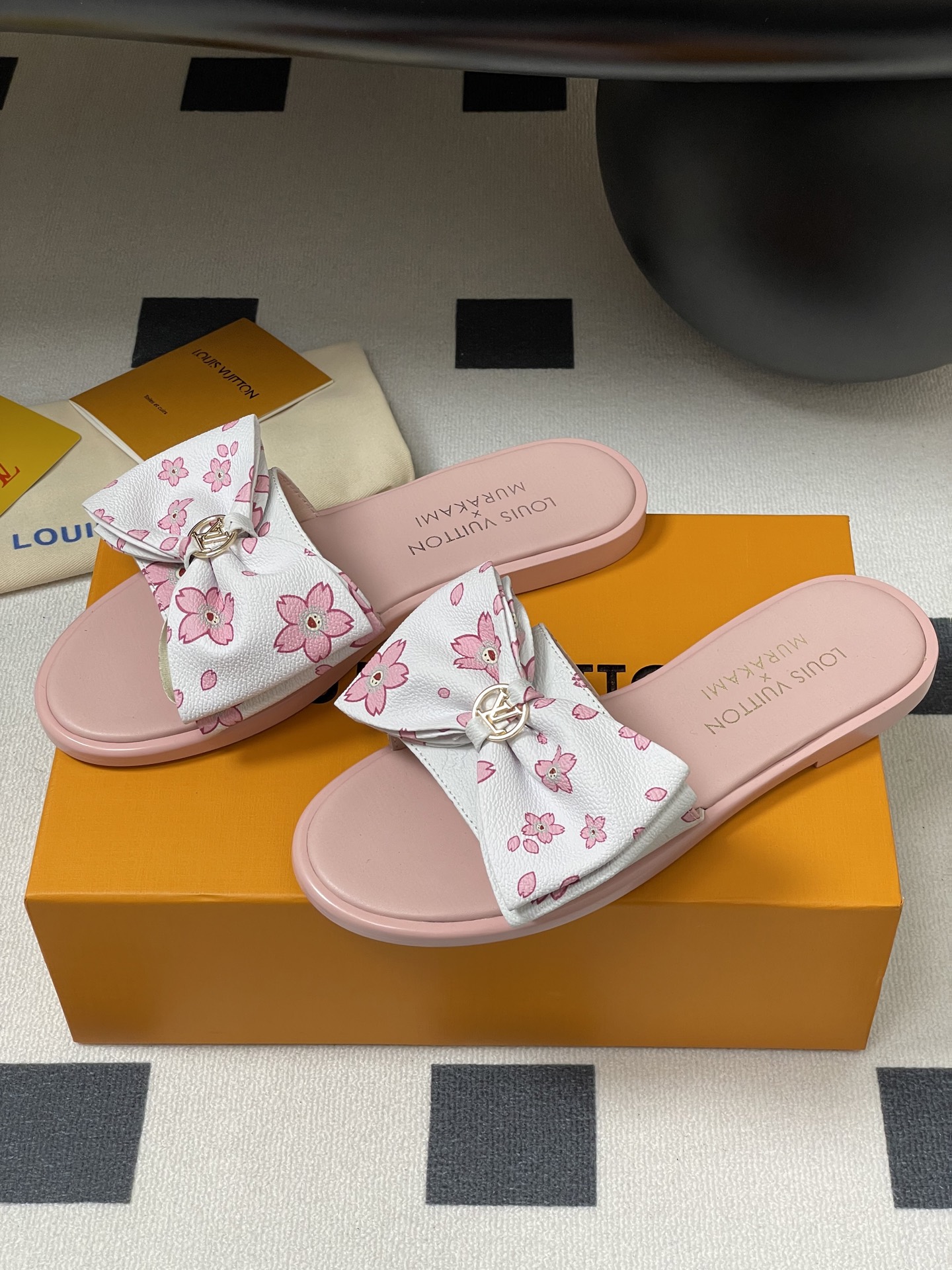 Louis Vuitton x Takashi Murakami Lily Flat Mule Bow Slide Sandals Pink Canvas 1AGVYA