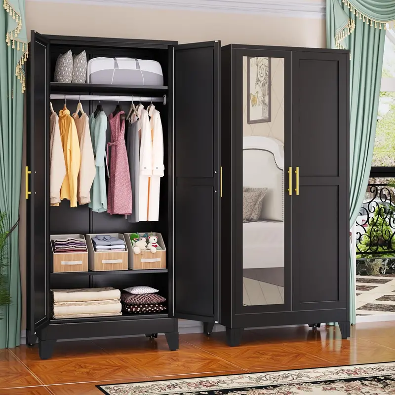 Steel Frame Armoire – 71-Inch Industrial-Style Metal Wardrobe Closet