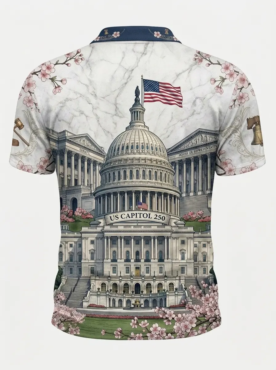 Moisture Wicking Golf Polo 3D US Capitol Cherry Blossom 250 Button Short Sleeve Golf Polo Shirt