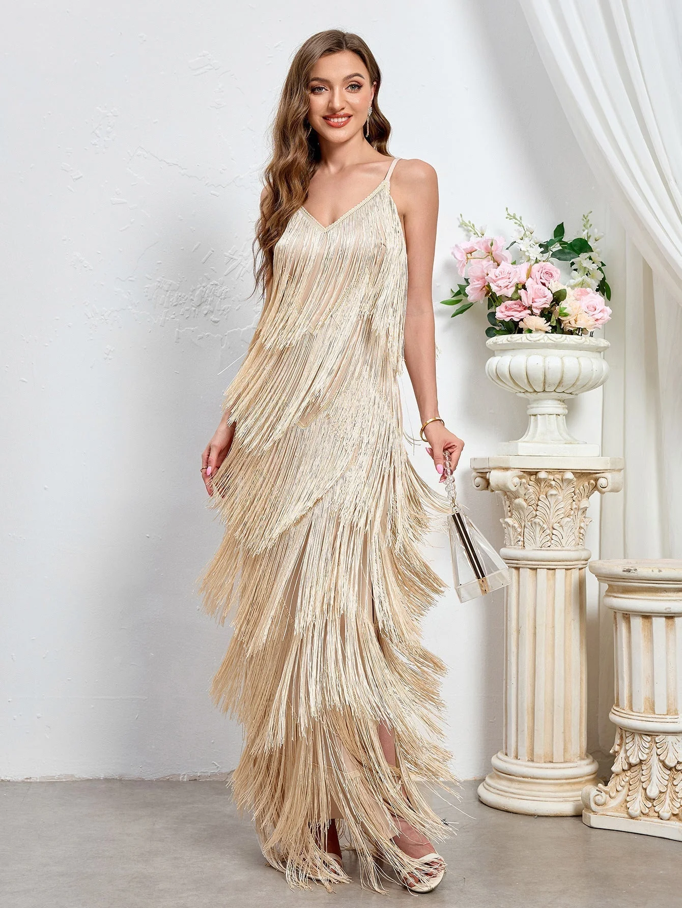 Fringe Maxi Dress | Spaghetti Strap Bodycon GownClistos