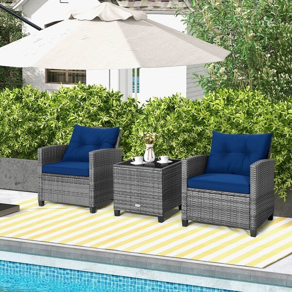 3PCS Patio Rattan Furniture Bistro Set Cushioned Sofas Side Table