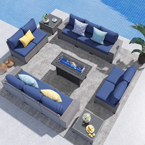 13Piece 10 Person Patio Free Combination Wicker Conversation Set With Waterproof Cushions and Firepit Table