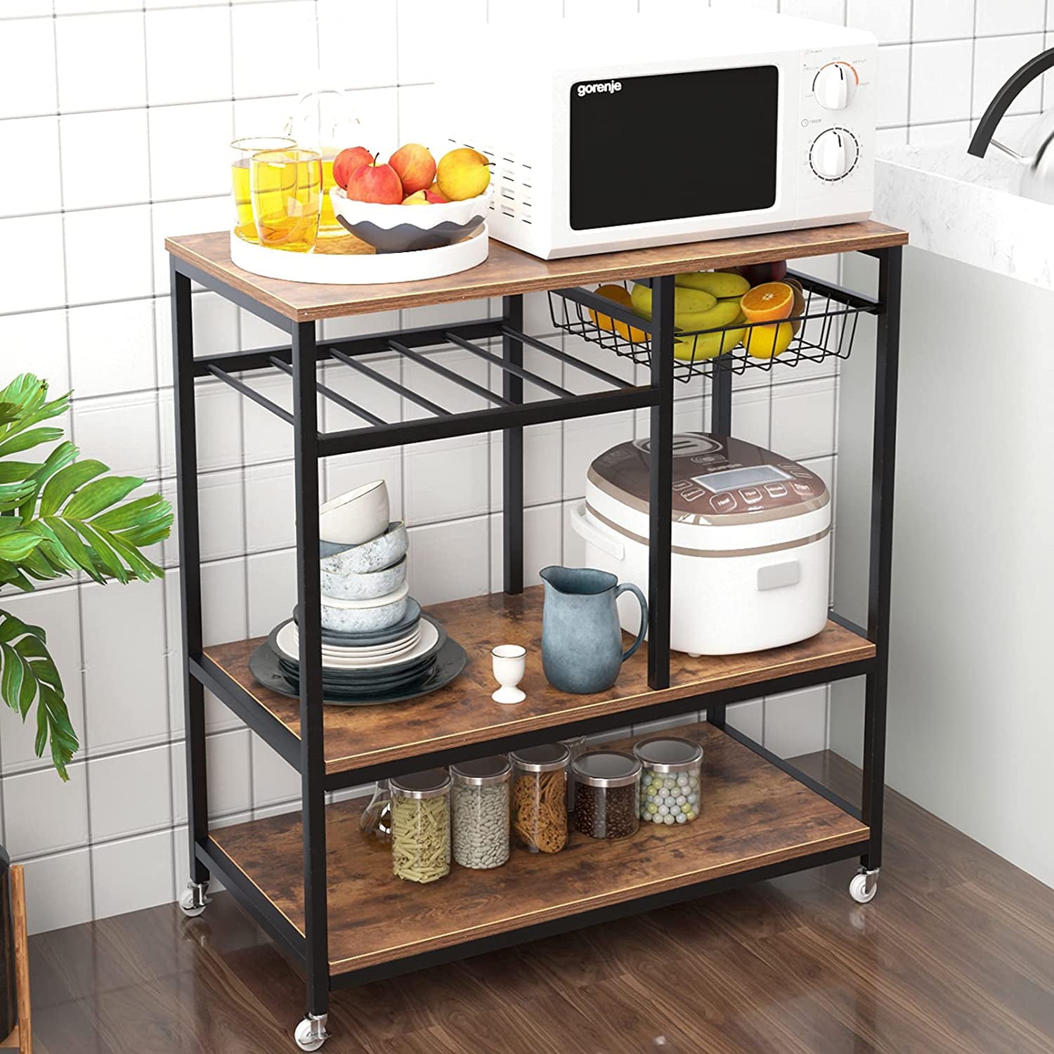 SogesPower Kitchen Island Cart, Rolling Kitchen Baker's Rack, Utility Storage Shelf Cart, Microwave Stand, for Spice Rack Organizer Workstation, Rustic Brown