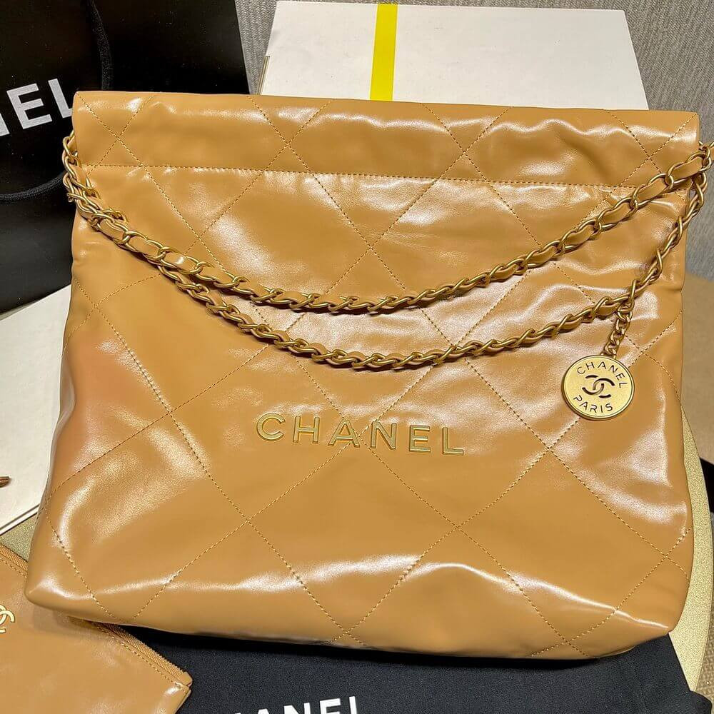 Chanel 22 Small Handbag Shiny Calfskin Camel Gold Metal
