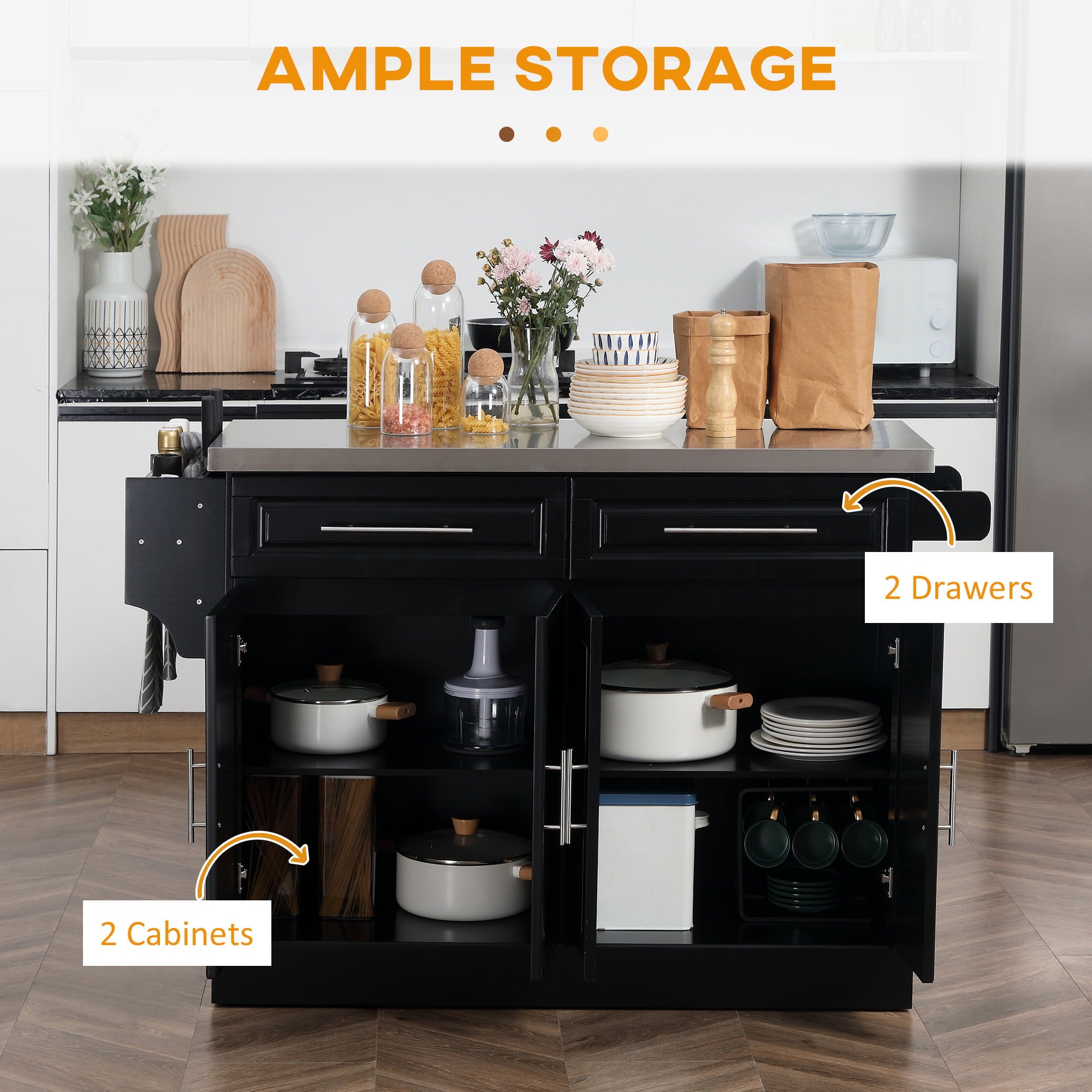 HOMCOM Rolling Kitchen Island Cart with Cabinets and Drawers, Black