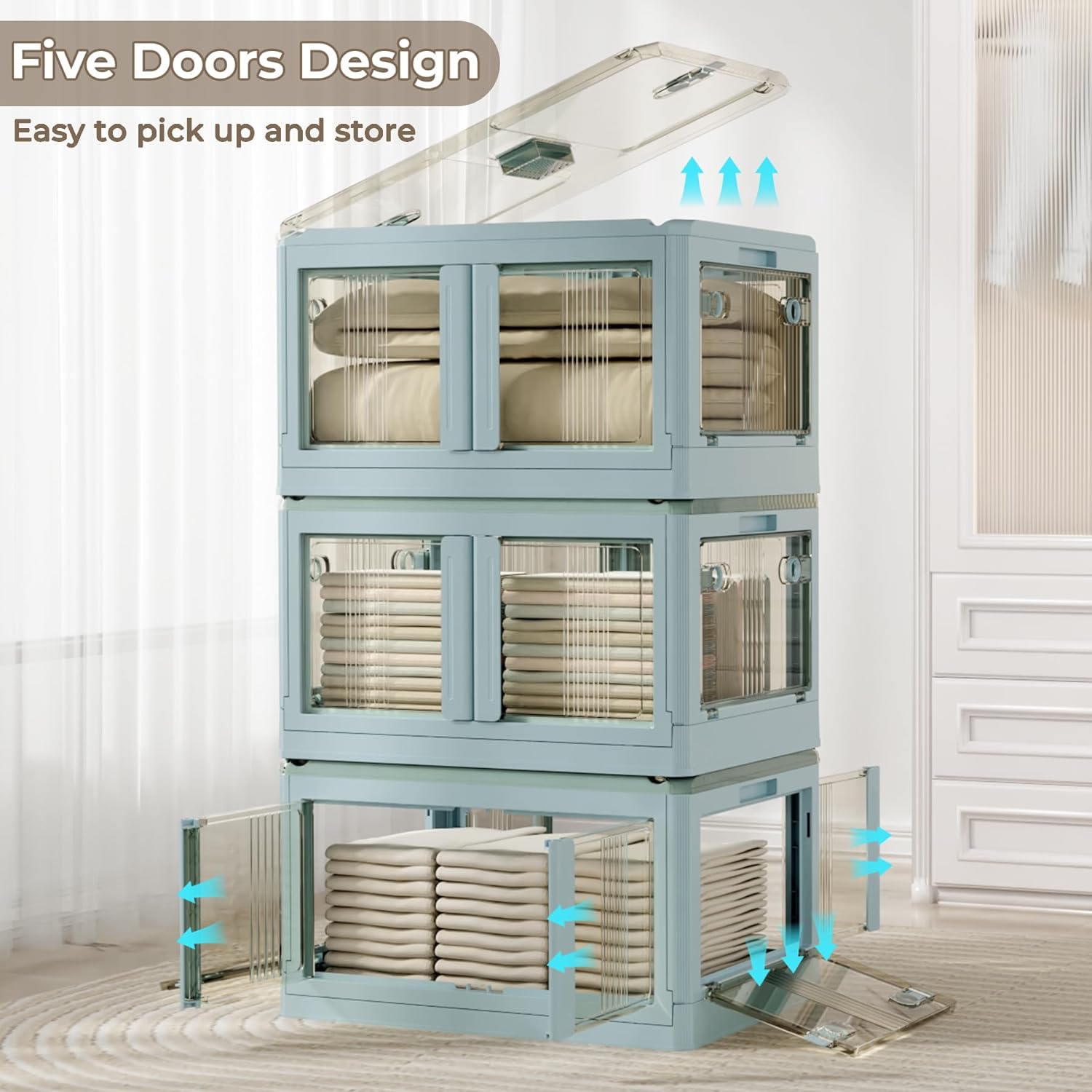 14.5 gallon foldable storage bins with LIDS, 6 packs, 5 open stackable storage bins, plastic storage bins