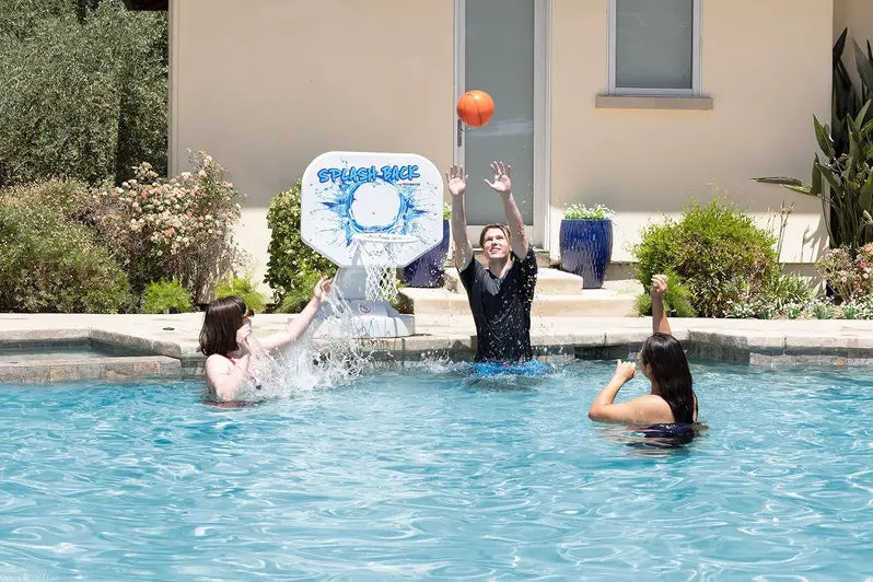 Splashback Poolside Basketball Game – Compact Blue Hoop System (34″W x 38″D x 45″H) for Backyard Fun