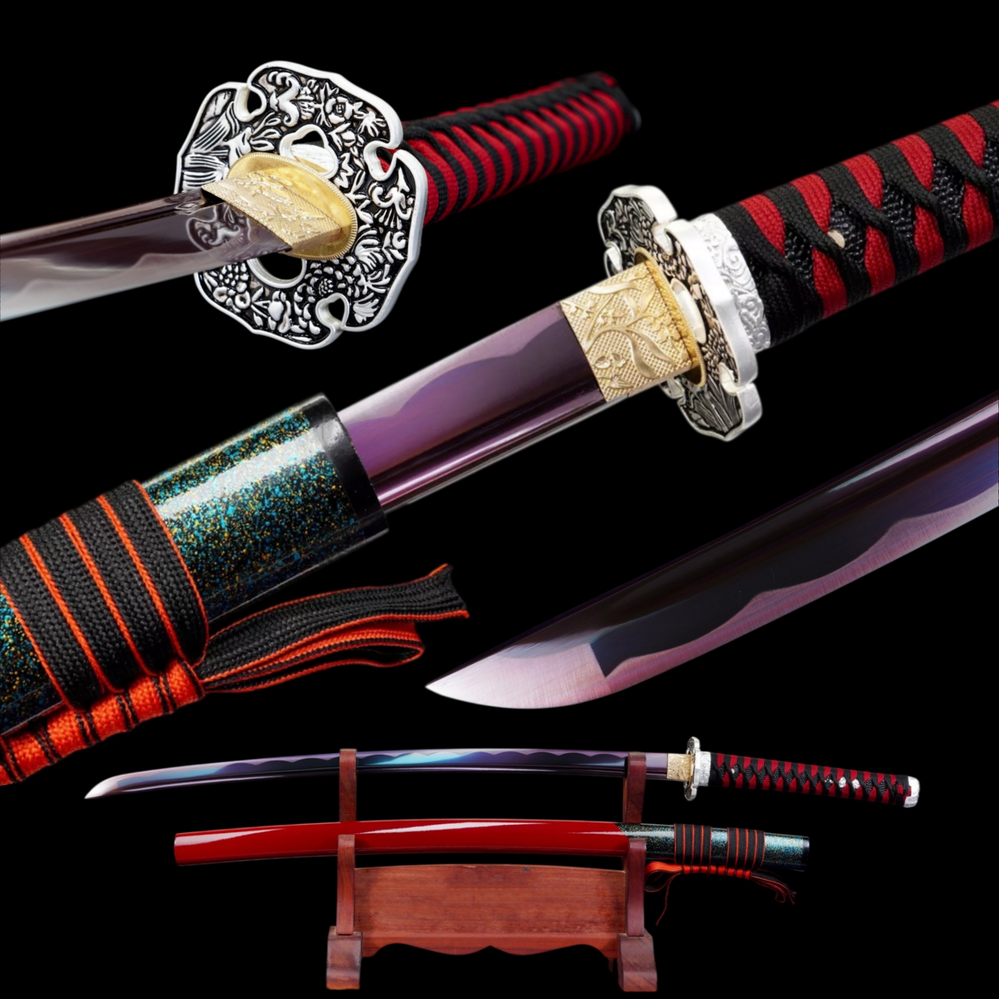 Handmade Katana High Carbon Purple Blade Alloy Tsuba Red Saya Full Tang