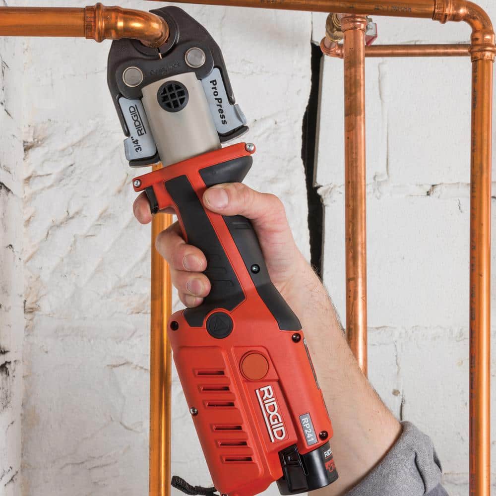 Ridgid RP 241 Compact Inline Press Tool Kit Includes 3 ProPress Jaws (1/2 in., 3/4 in., 1 in.), 2-12V Batteries, Charger + Case 57373