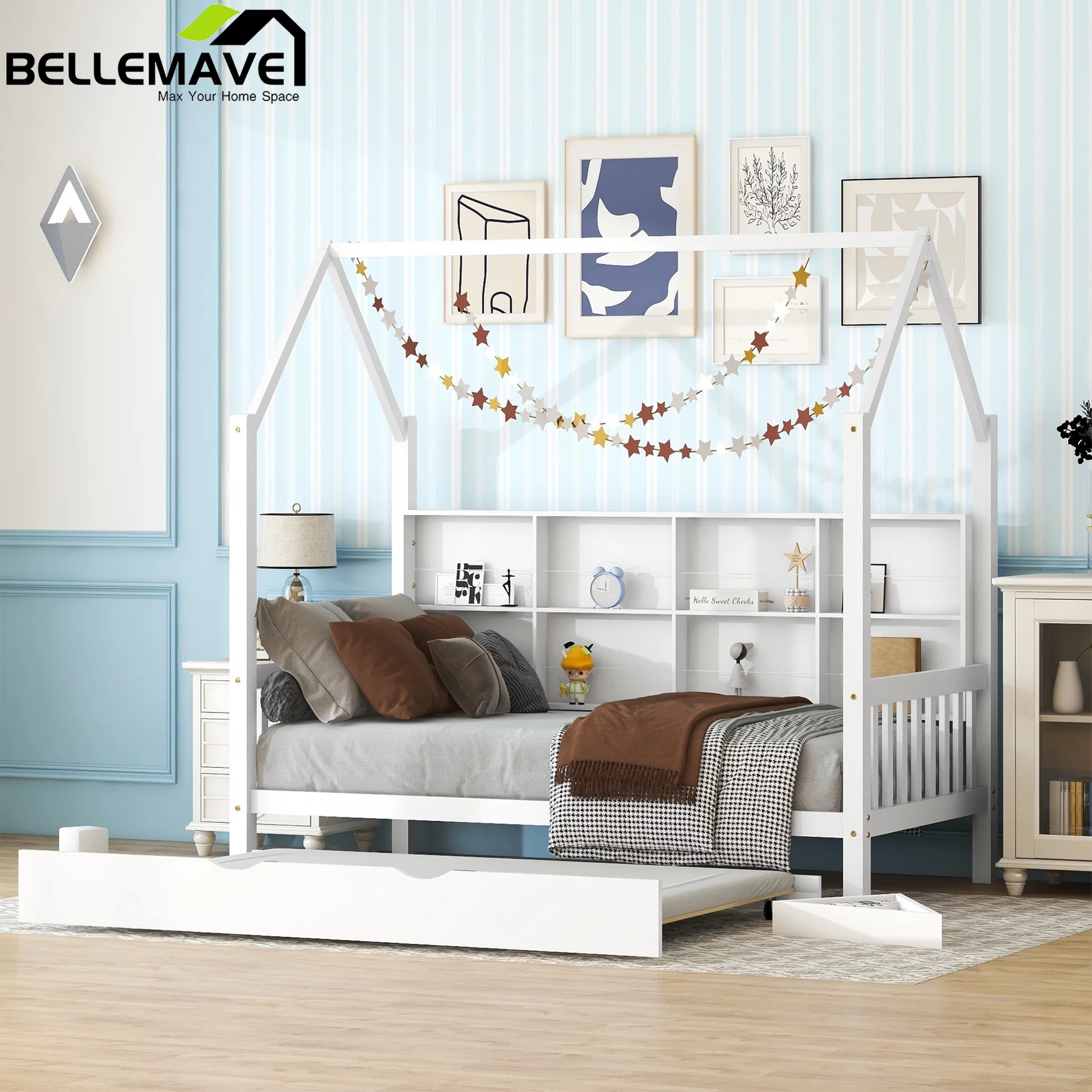 Bellemave Twin Size House Bed with Trundle and Storage Shelves,Solid Wood Playhouse Bed with Roof,Montessori Platform Bed Frame for Kids, Teens,Girls,Boys(Twin,White)