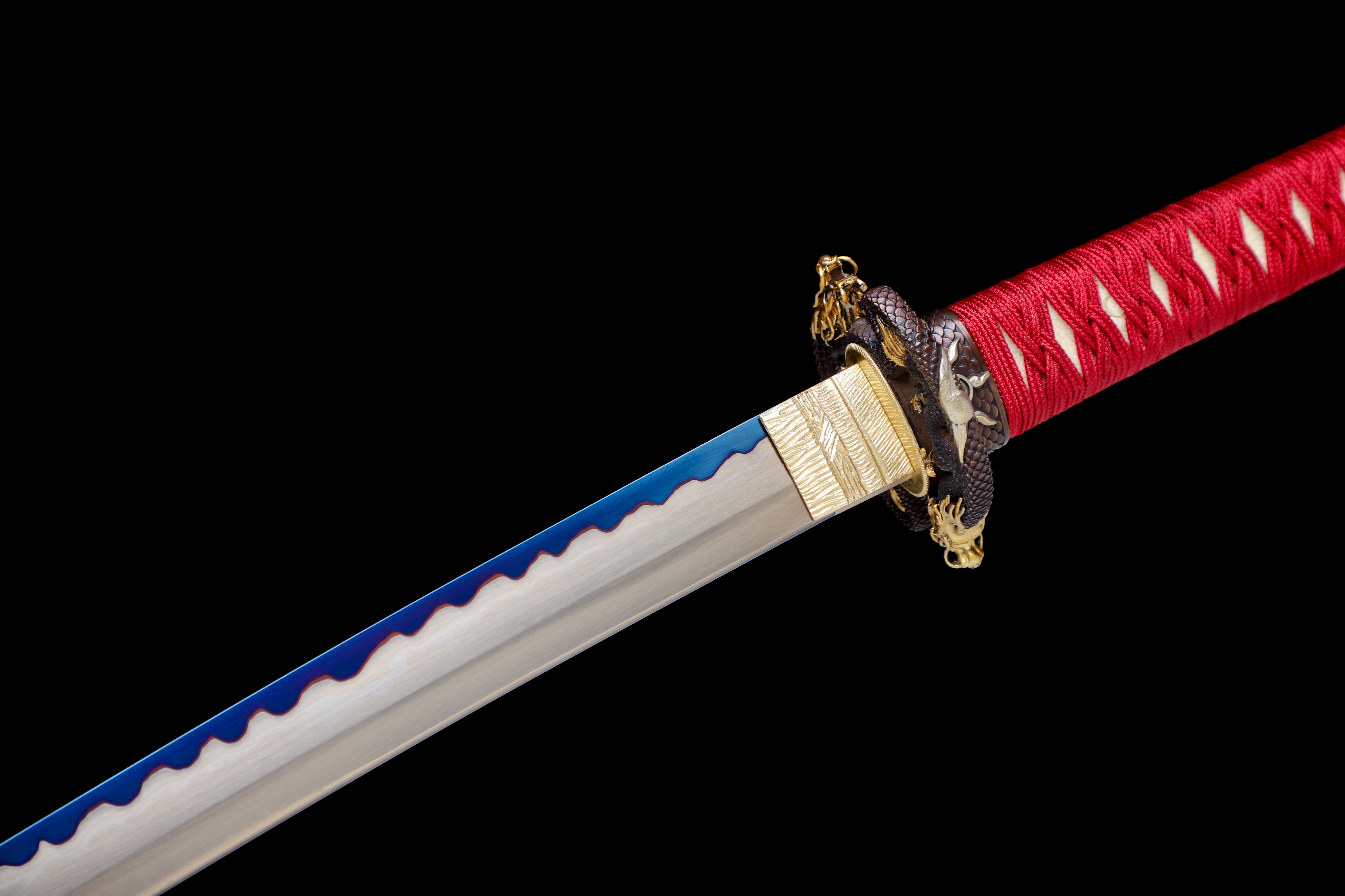 Handmade Katana Go-Mai Gold Body Blue Edge Dragon Tsuba Full Tang