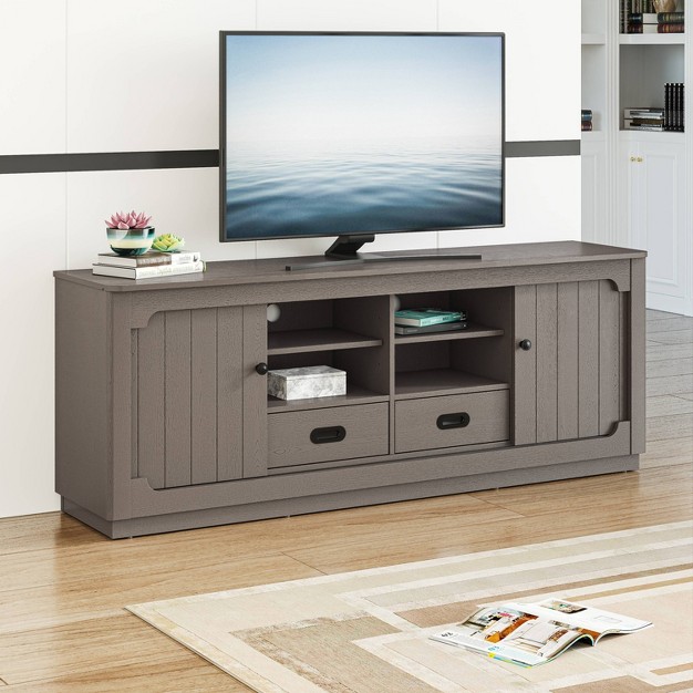 Tv Stand With Built in Sliding Doors Storage Cabinet For Tvs Up To 70 quot Oak Brown Festivo