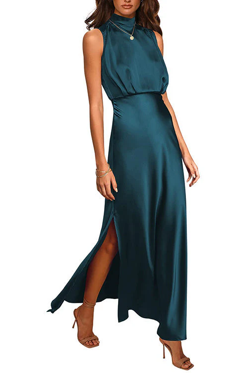 Mock Neck Side Split Satin Maxi DressClistos