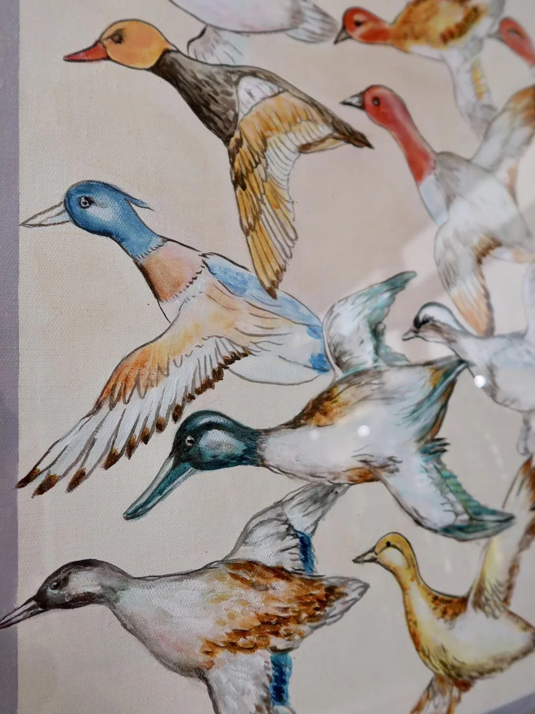 AH050 - Luxury Art Silk Scarf Painting with Genuine Feather Inlay, Unique Décor