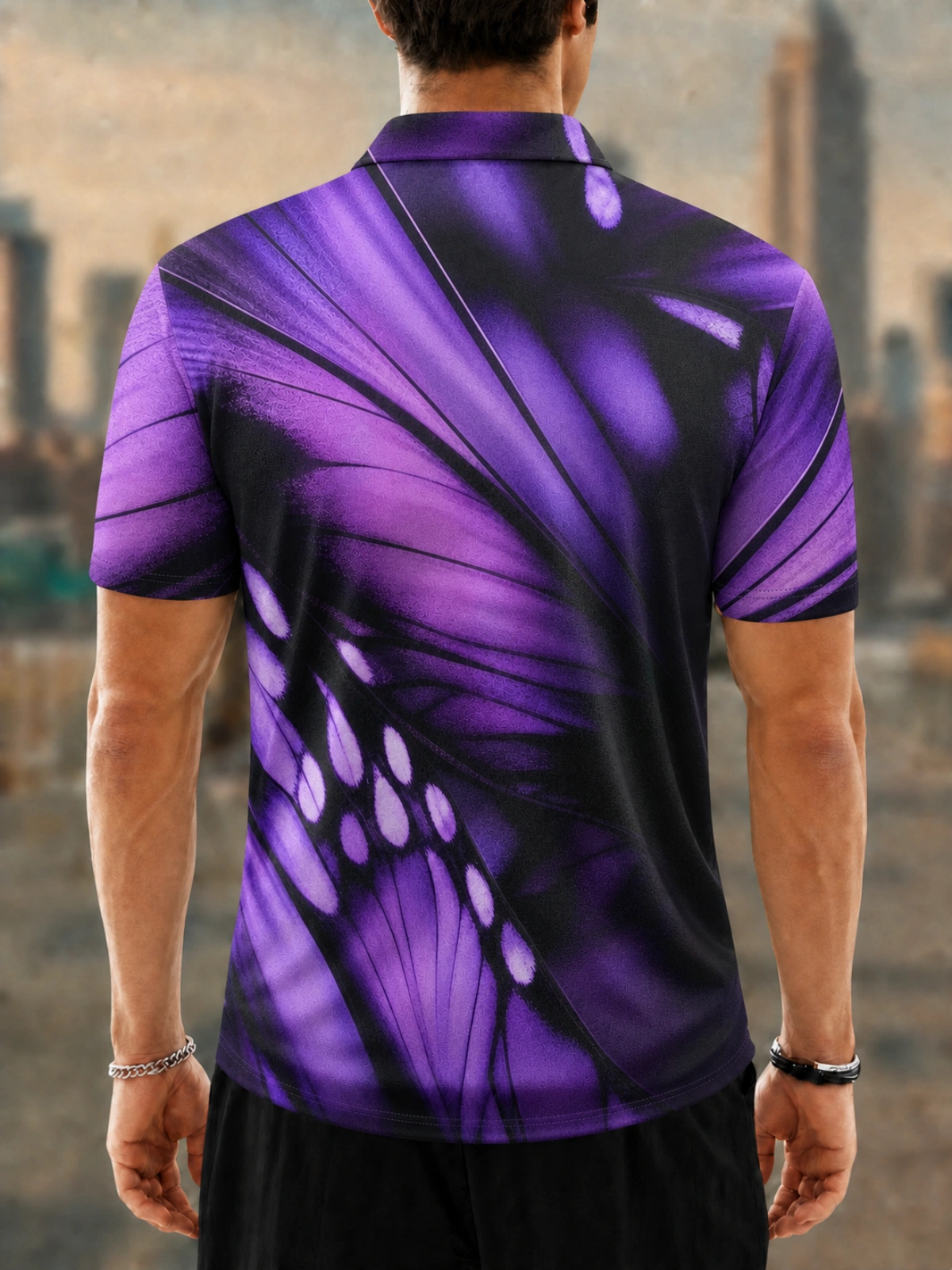 Men's Purple Butterfly Wing Printed Golf Polo Shirt