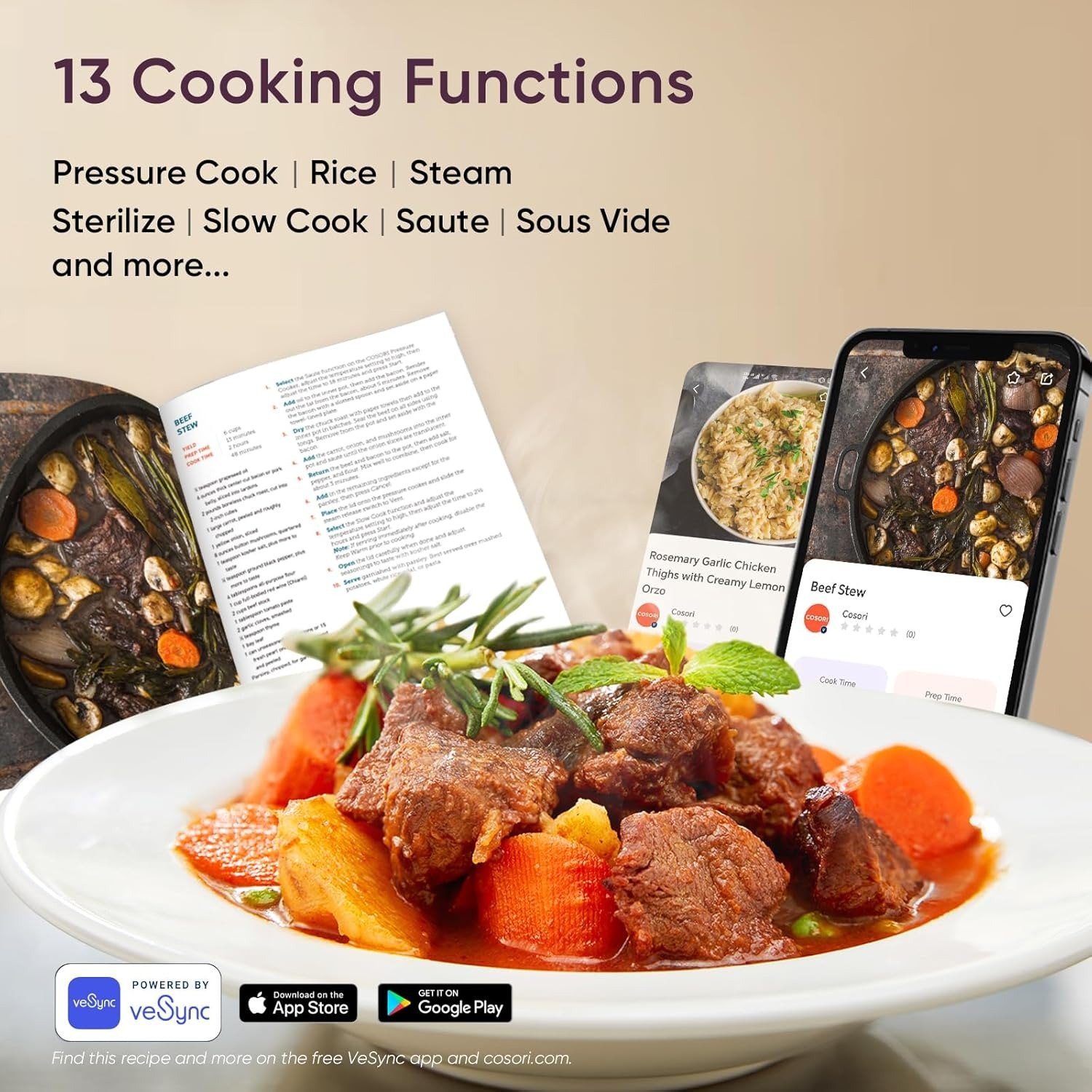 6QT, Stainless Steel, 9-in-1 Multi Cooker, 12 Safety Features, Ceramic Inner Pot, Rice, Slow Cook, Sous Vide, Saute, 1100W