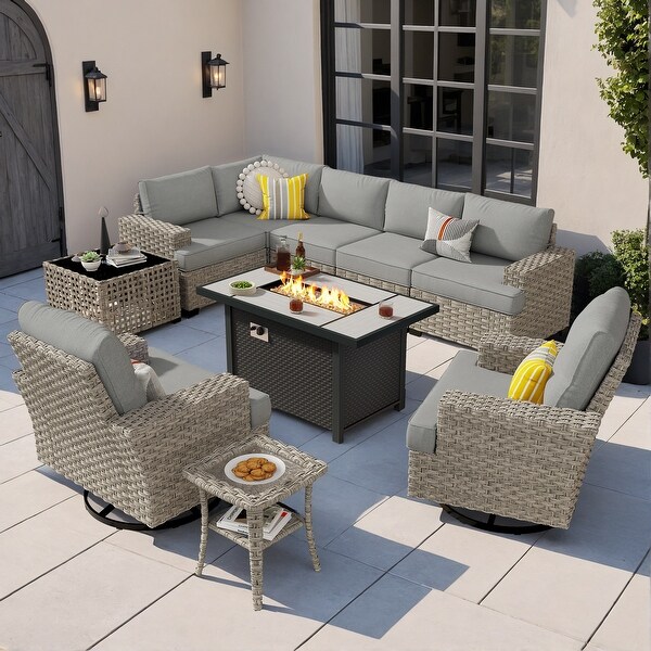 OVIOS 10 Pieces T shaped Seat Wide Armrest Swivel Chair Set With SolarPowered TableandFire Pit