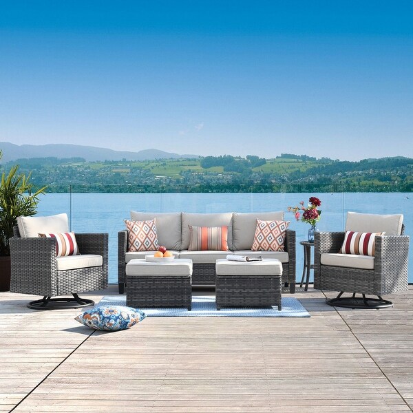 OVIOS 6piece Wicker Sectional Sofa Swivel Rocking Chair Set