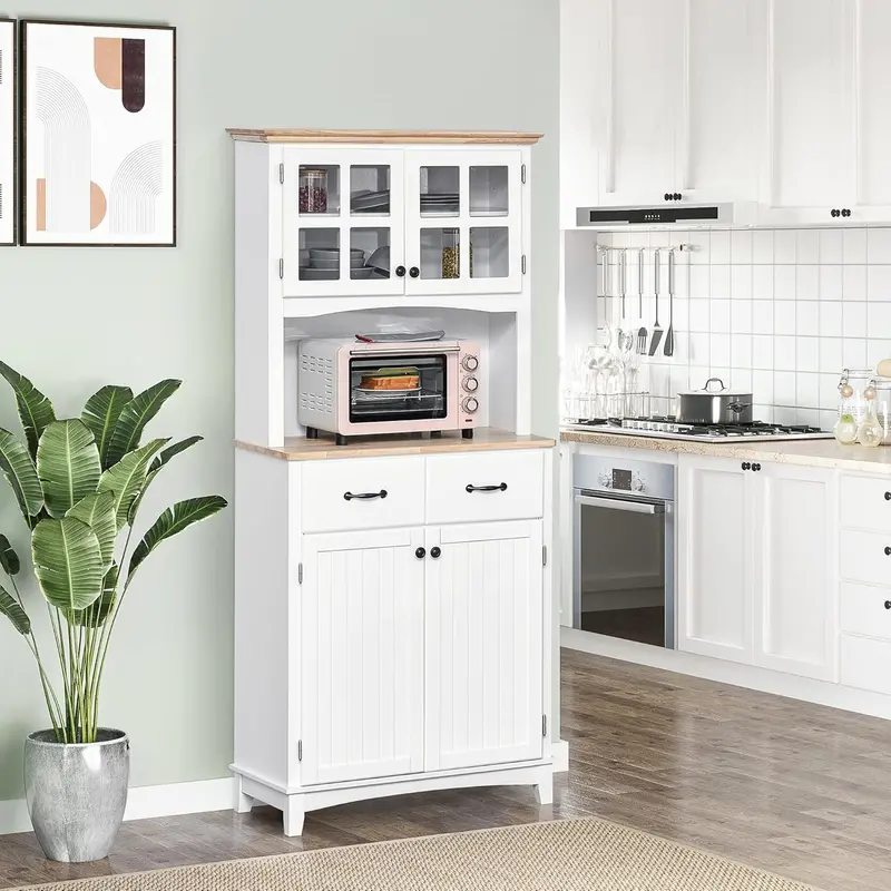 White Standalone Kitchen Cabinet – 29.1″ Food Storage Unit with Microwave Bracket, Glass Doors & Wall Rack