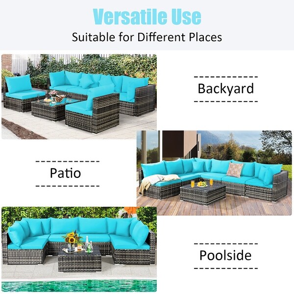 7PCS Patio Rattan Furniture Set Sectional Sofa Garden Cushion