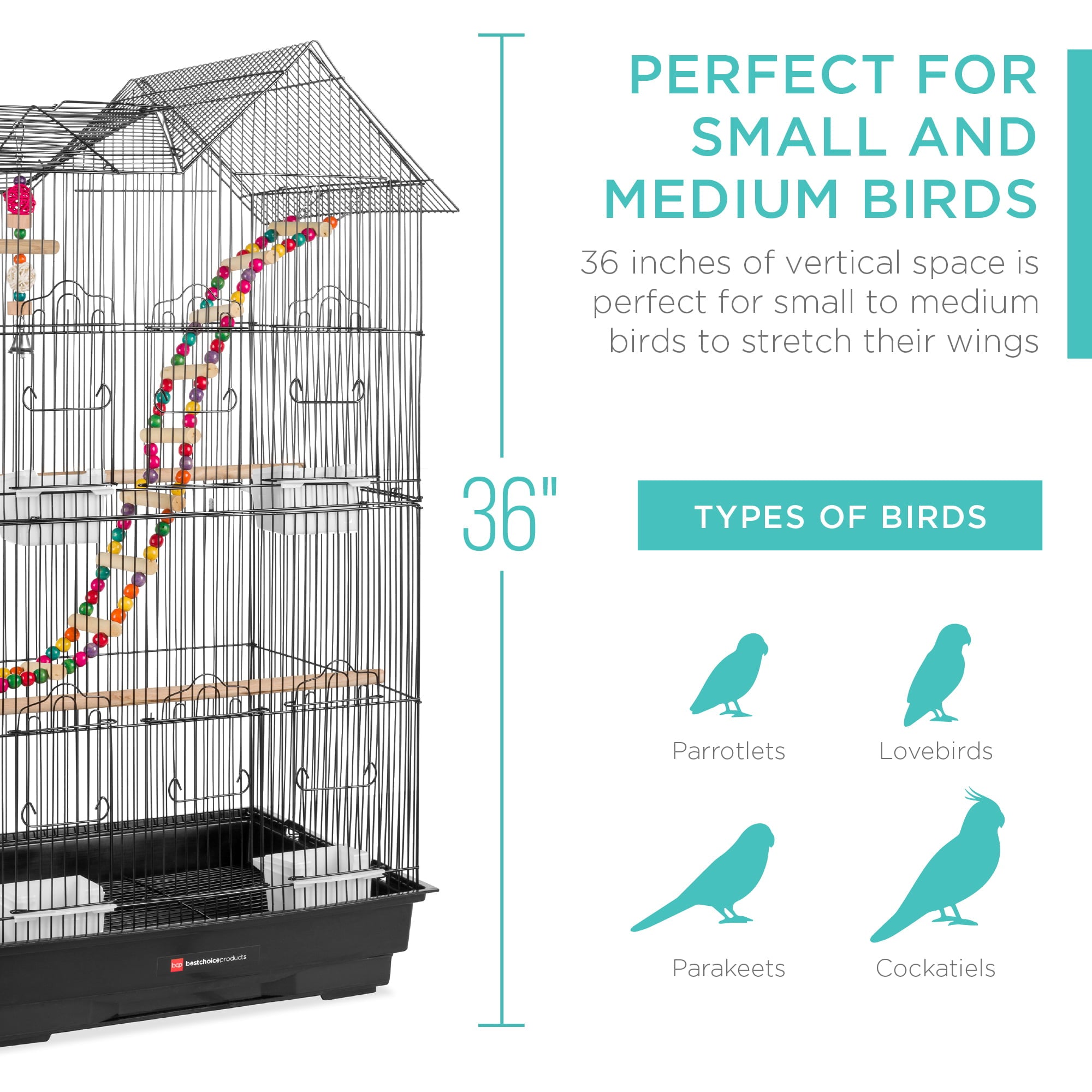 Best Choice Products 36in Indoor/Outdoor Iron Bird Cage for Parrot, Lovebird w/ Removable Tray, 4 Feeders, 2 Toys