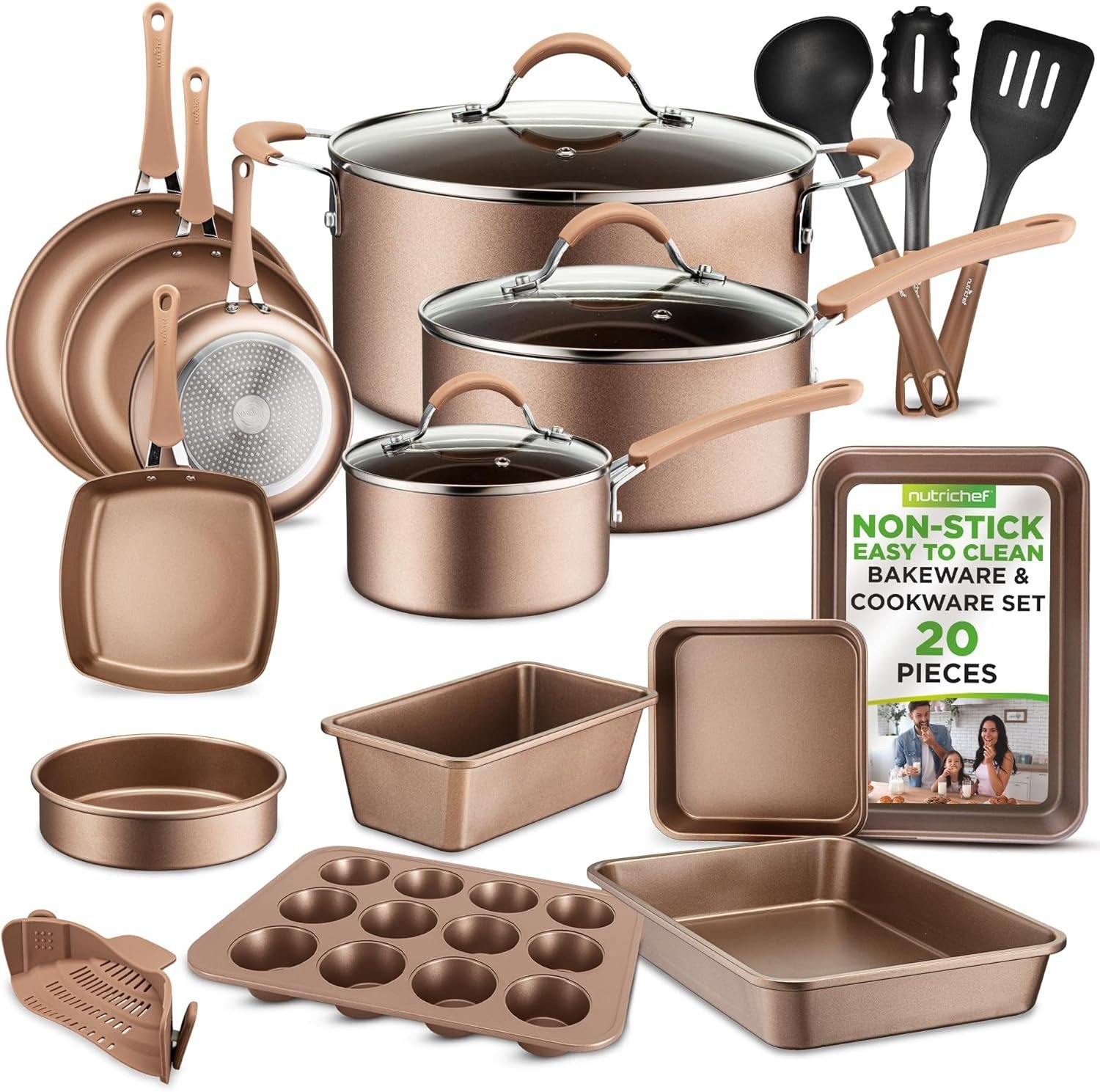 20-Piece Nonstick Induction Cookware Set PFAS-Free Shiny Golden with Bakeware & Utensils