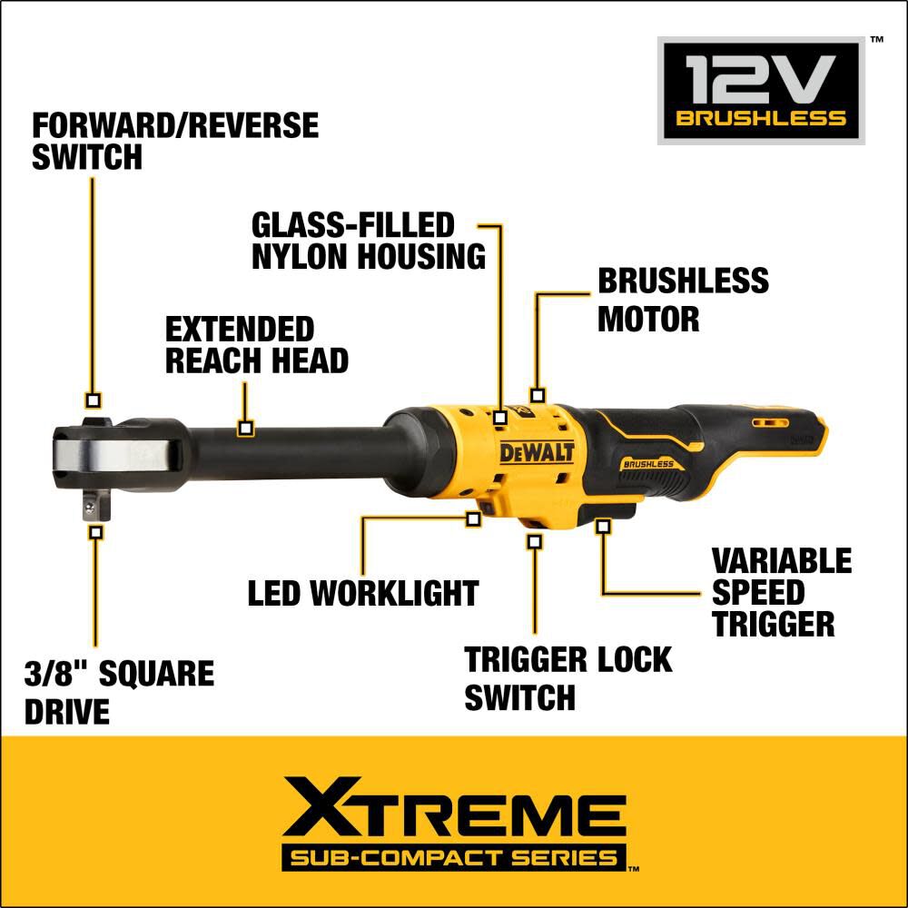DEWALT XTREME 12V MAX* 3/8″ Extended Reach Ratchet Brushless Bare Tool DCF503EB