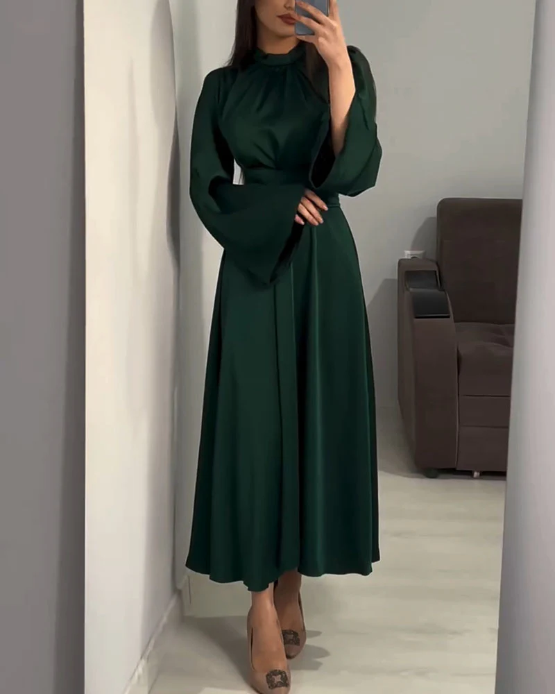 Elegant Mock Neck Bell Sleeve Satin DressClistos