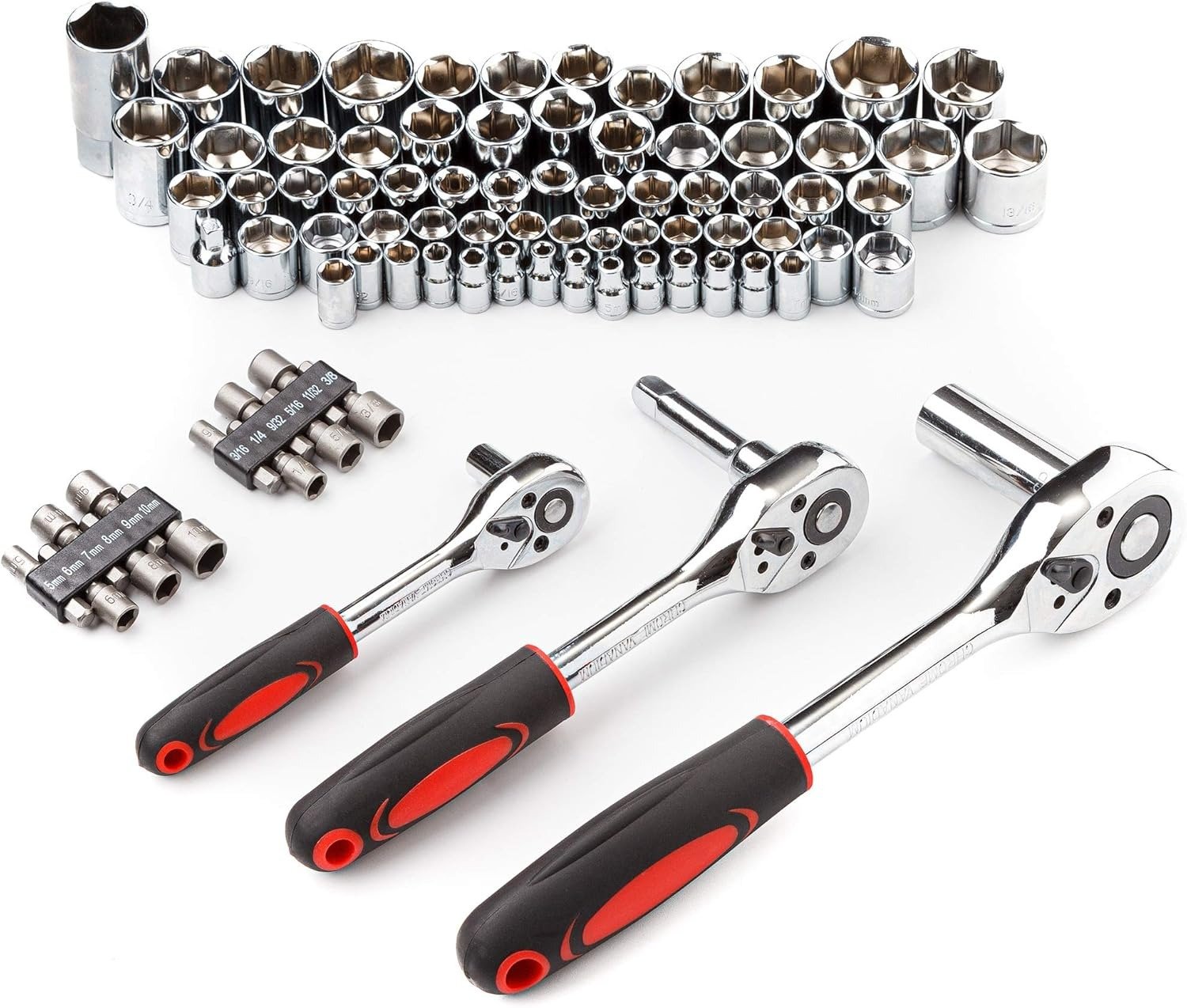 205 Piece Ratchet Wrench Tool Set 1/4′′ & 3/8′′ & 1/2′′ Drive with SAE/Metric Sockets Kit in Plastic Toolbox