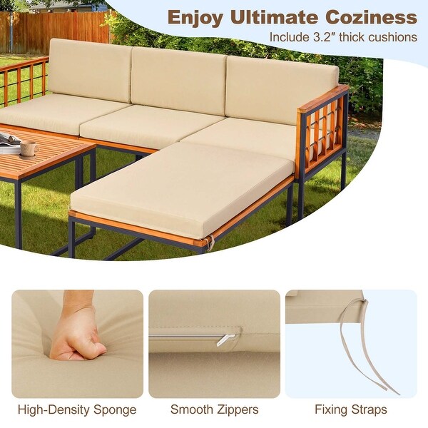 Costway 5 PCS Patio Furniture Set Acacia Wood Sectional Set with Seat