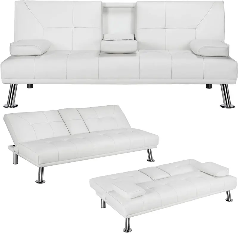 Yaheetech Convertible Sofa Bed – Adjustable Faux Leather Recliner with Removable Armrests, Cup Holders, 3-Position Settings & 772 lb Weight Limit