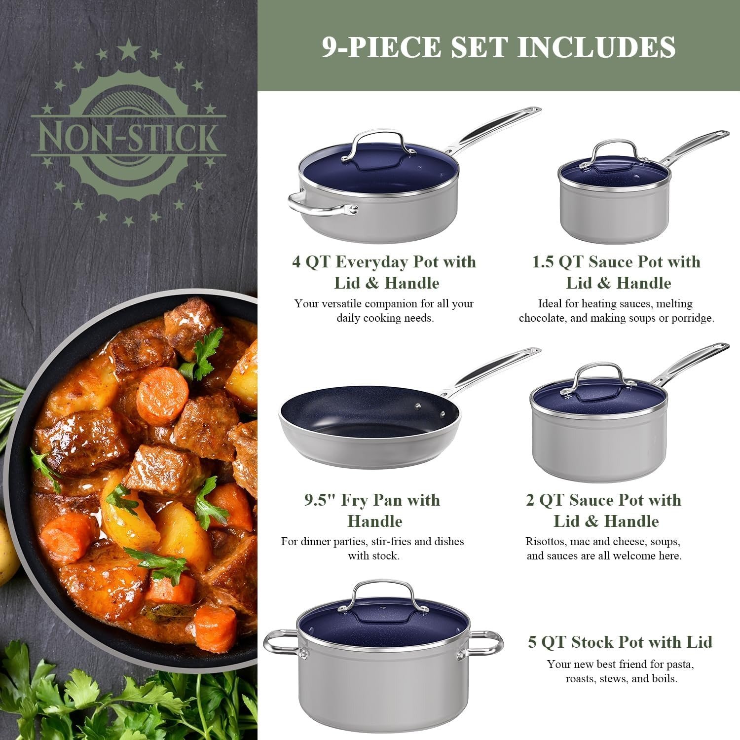 9-Piece Scratch-Resistant Cookware Set Durable Induction Compatible Kitchen Pot Pan Set