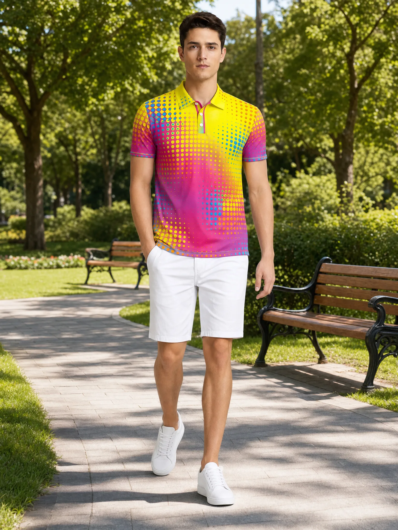Moisture Wicking Golf Polo 3D Yellow Pink Gradient Dot Button Short Sleeve Golf Polo Shirt