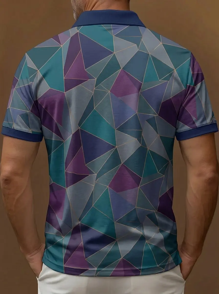 Teal Purple Gold Geometric Crystal Print Short Sleeve Golf Polo Shirt