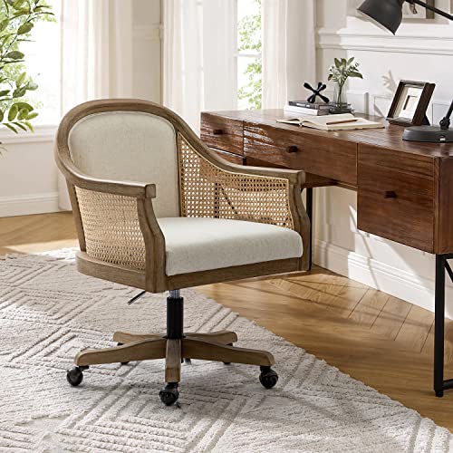 HULALA HOME Rattan Desk Chair, Upholstered Home Office Chair, Vintage Office Chair with Armrest, Adjustable Swivel Rolling Height Task Chair for Living Room Bedroom Study Room, Ivory