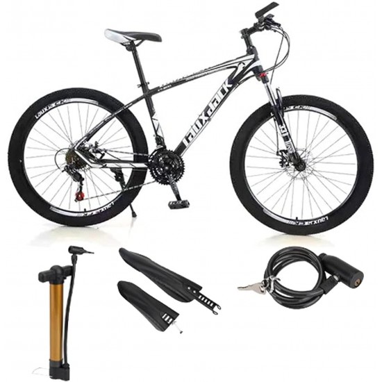 Mens Mountain Bike 27.5-Inch Wheels, Alumiunm Frame, 21 Speed Thumb Shifter, Front Suspension, Dual Disc Brakes Women Adult Bicycles White-Black w/mudguards, Bike Lock, Air Pump