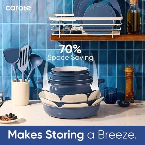 27pcs Ceramic Cookware Set Nonstick, Pots and Pans Set Non Stick, Non Toxic Cookware Detachable Handles, Dishwasher/Oven Safe, RV/Camping Cookware, Pan and Pot with Kitchen Utensils, Navy Blue