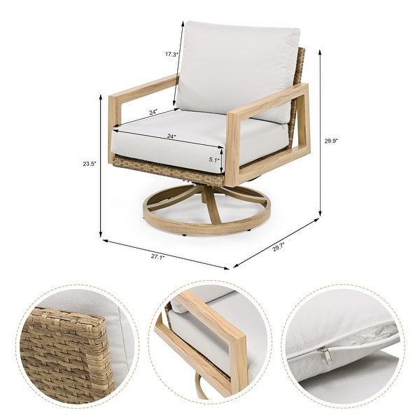 3Piece Woodgrain Aluminum Patio Conversation Set with Swivel Chairs,Rattan Chair Back and Cushions