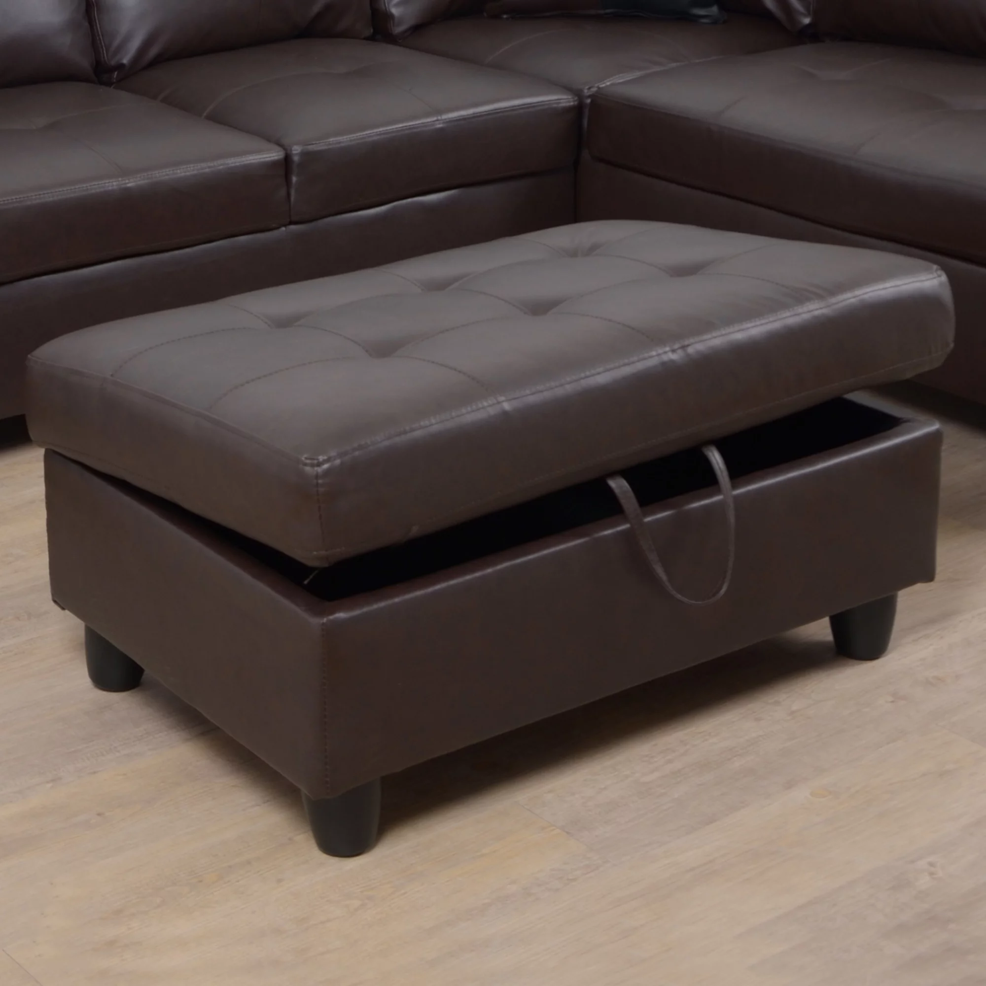3 Pc Sectional Sofa Set, (Brown) Faux Leather Right -Facing Chaise With Free Storage Ottoman